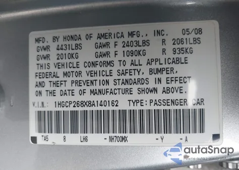 2008 Honda Accord 2.4 Ex-L z USA, uszkodzony, nr VIN 1HGCP268X8A140162